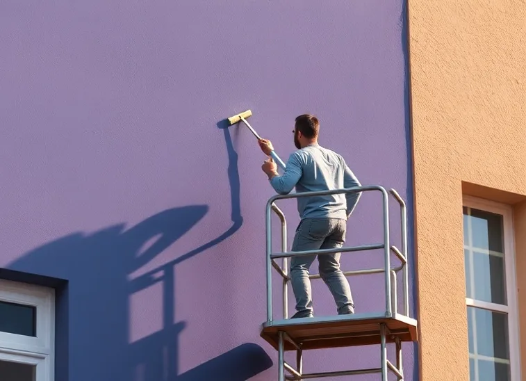 Peintre sur échafaudage traitant la façade d'une maison