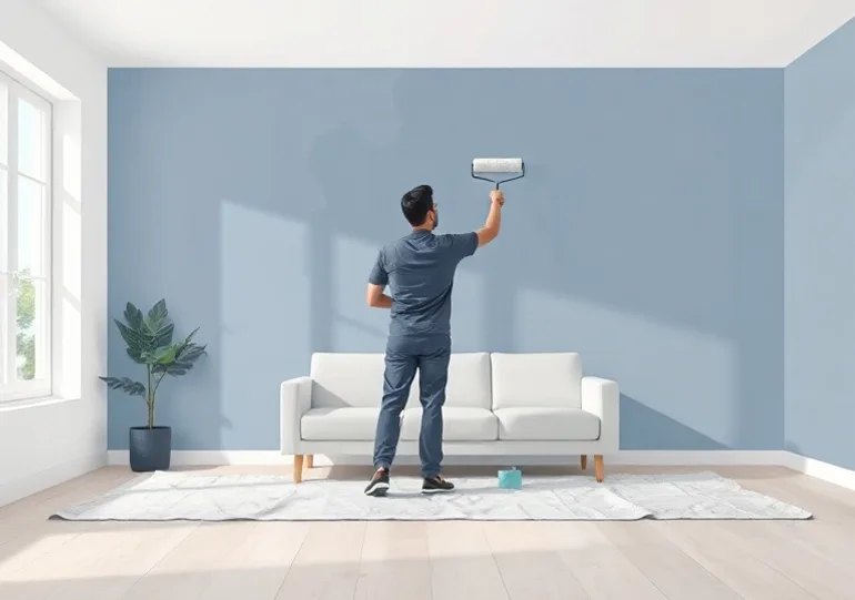 Peintre appliquant la peinture au rouleau sur un mur de salon